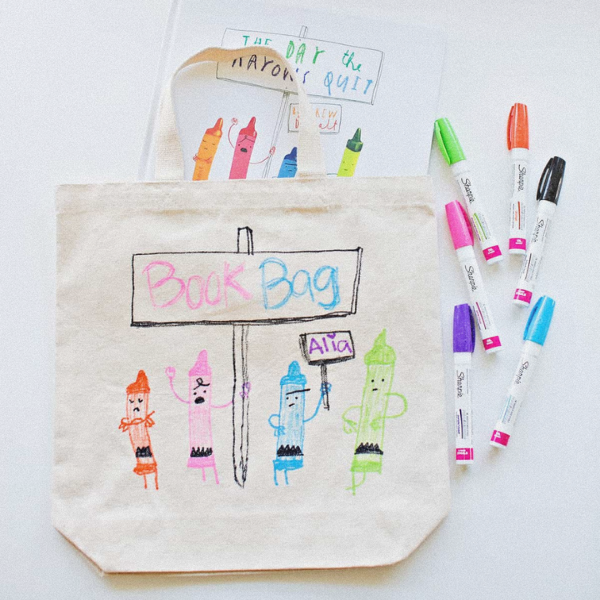image of library bag decorated inspired by "The Day the Crayons Quit" book