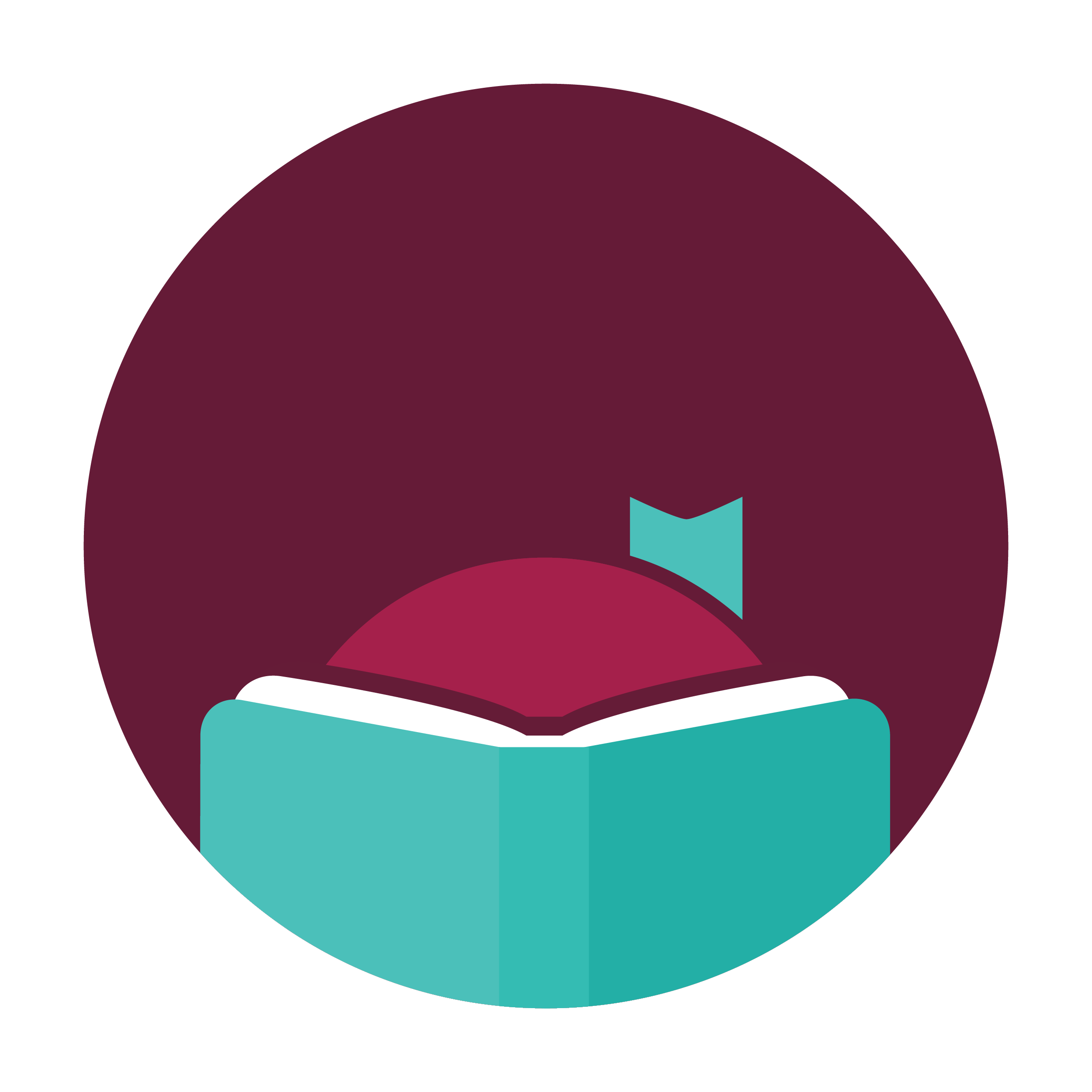 burgundy circle with girl silhouette with book