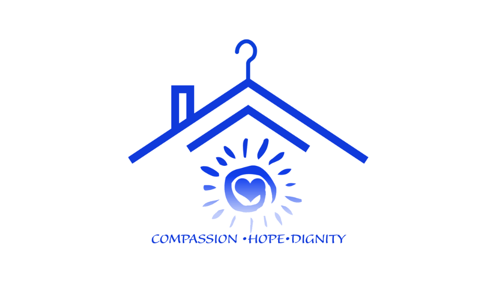 WARM center logo blue roof with hanger on top and heart with sunshine rays and text compassion, hope, dignity