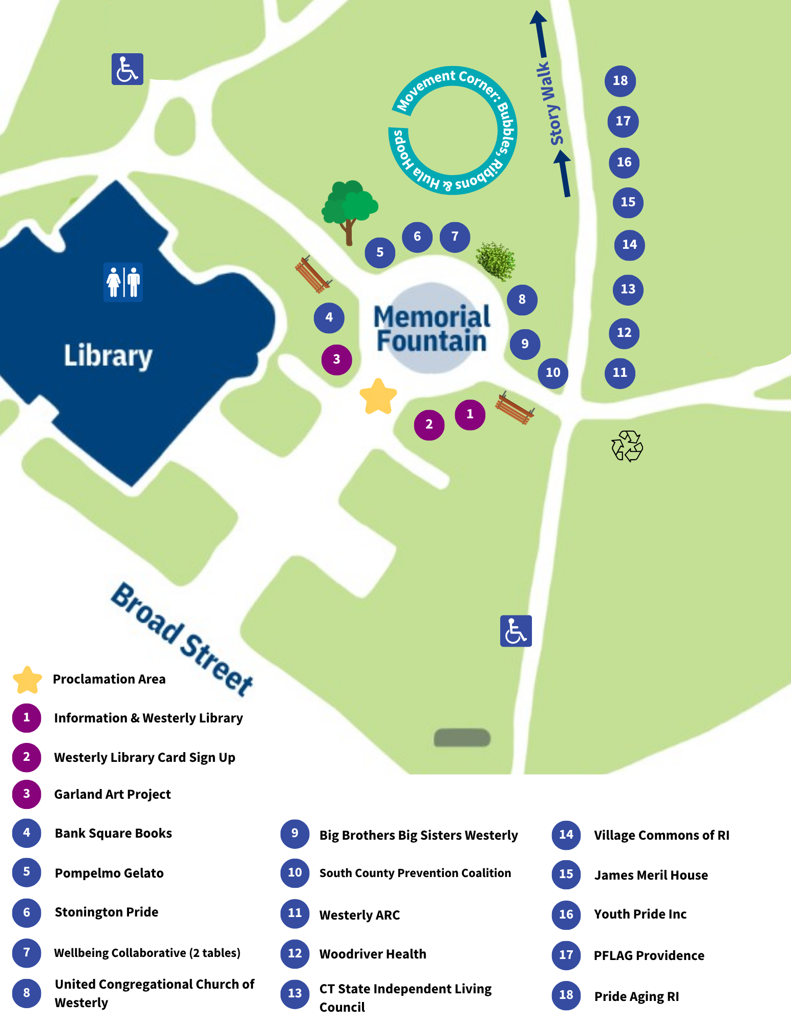 image of map portion of wilcox park with keys for organization name locations for an event