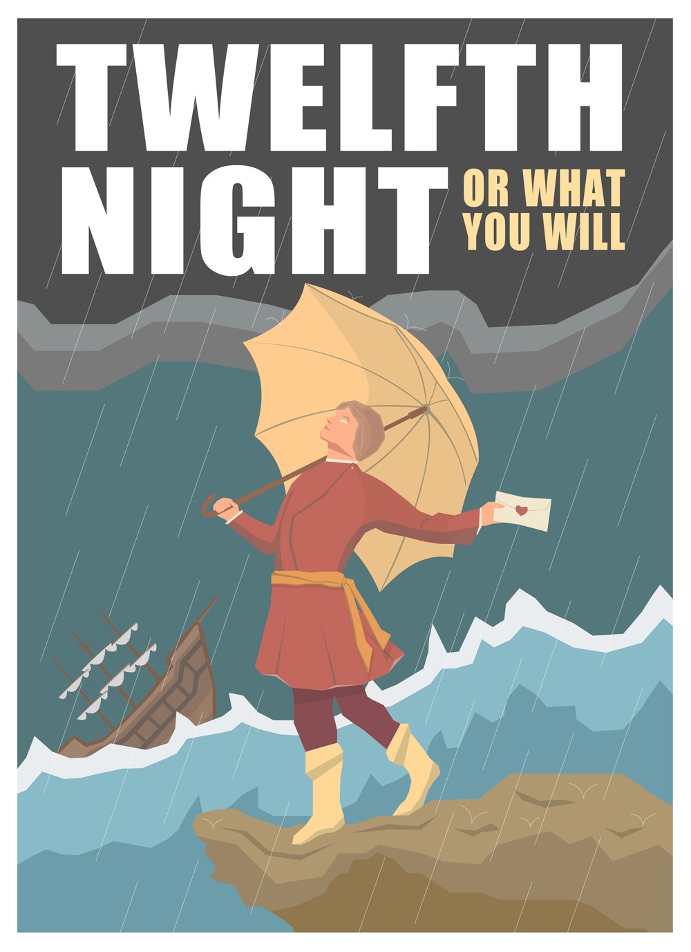 illustration of person on cliff by ocean holding a yellow umbrella and envelope with red heart and sinking ship in background