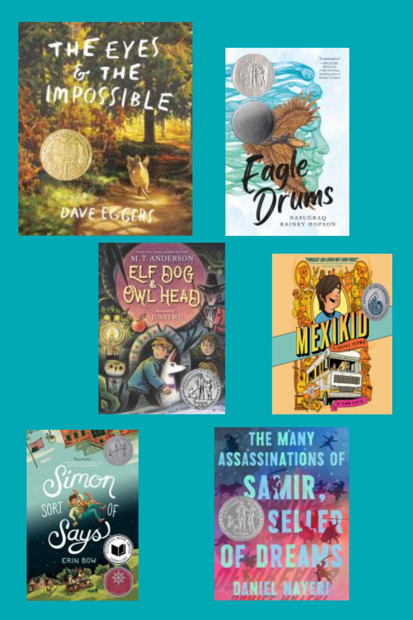 A collage of the five Newbury Award winners book covers including author name, with a turquoise colored background