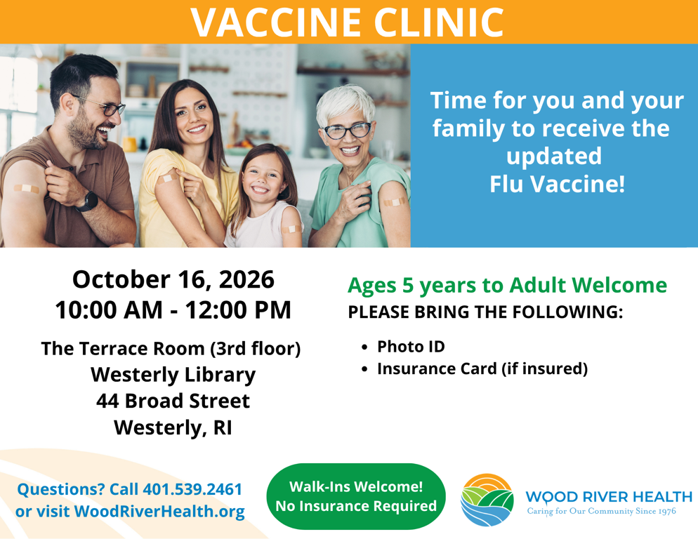 image of intergenerational family with bandaids on from getting vaccines together with text information about free vaccine clinic with wood river health