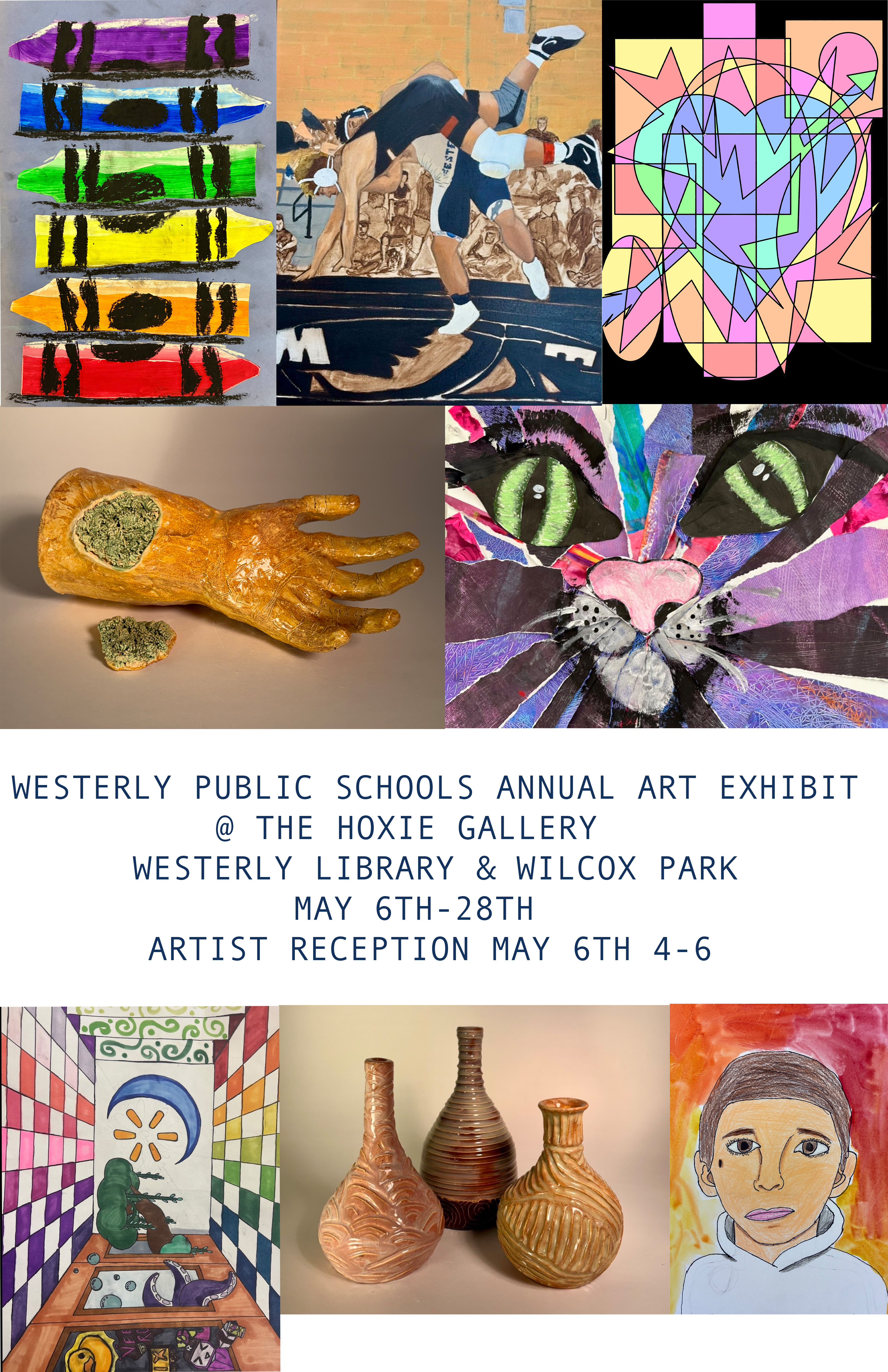 colorful paintings, illustrations and a hand sculpture done by students