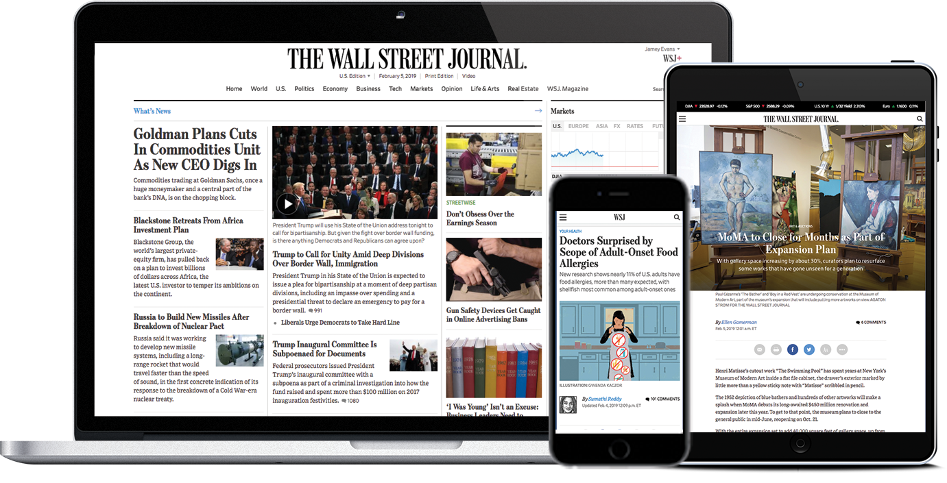 various desktop and mobile screens with wall street journal digital publication and articles displayed