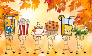 sunset sky with fall leaves at the edges and illustrated people holding beverages and snacks