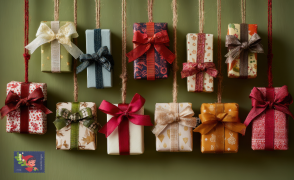 Eleven little wrapped gifts hanging from strings in two rows and a vintage stamp in the left corner showing an elf with a sprig of mistletoe.