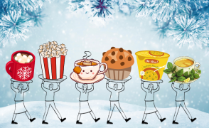 winter sky with snow on the trees and ground with illustrated people holding hot beverages and snacks