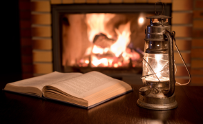 book by fireplace