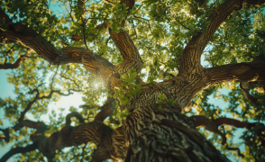 looking up through a tree canopy and trunk from the ground