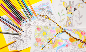 coloring pages of turtles, giraffe, and hearts with colored pencils