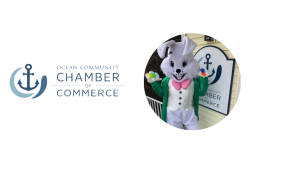 text logo reading ocean community chamber of commerce and image of person dressed up as a bunny.