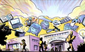 cartoon drawing on a public library