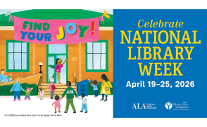 colorful illustration of a library with families outside and text national library week in yellow