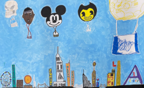 artwork of various types done by olean center artists a city skyline and mickey mouse and other characters
