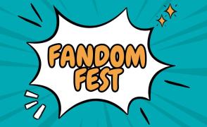 teal background with white exploding graphic and text in orange reading fandom fest