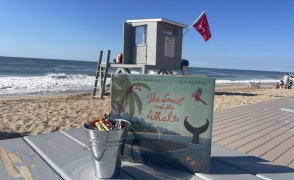Image of Westerly Town Beach that includes the ocean, lifeguard stand, and the book "The Snail and the Whale"
