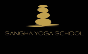 gold text sasying sangha yoga school and gold pillar graphic above