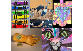 colorful paintings, illustrations and a hand sculpture done by students