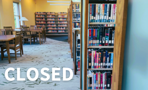 book stacks and tables with chairs and text reading closed in white