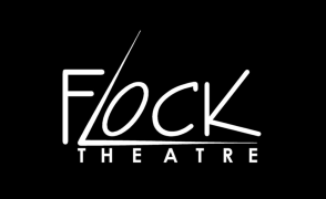 text reading flock theatre in white with black background