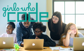 girls who code logo on image of students coding with an instructor