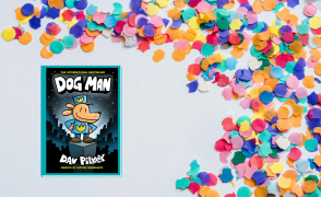 dog man book cover with confetti