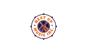 text in orange next up music festival surrounded by a circle with 2 small purple stars and purple and orange guitars in center