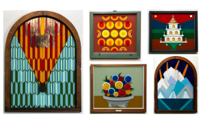 various reclaimed stained glass windows painted in abstract shapes and colors