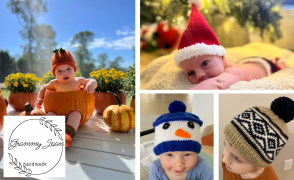 4 images of babies and toddlers in handmade knit hats in seasonal themes