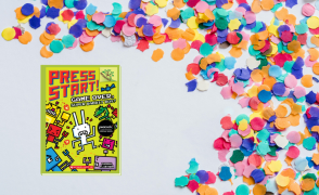 press start book cover with confetti