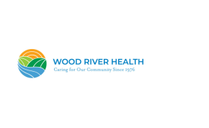 ornage green blue graphic in circle shape with text wood river health in blue