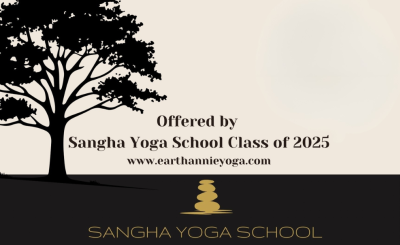 image of a silhouette of tree with text about a community yoga class