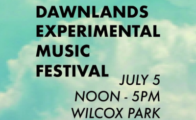 pixelated image of sky with clouds and text about music festival date and time