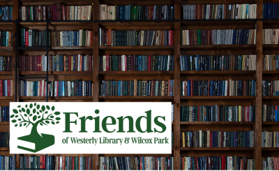 image of old books on shelves and logo of Friends of Westerly Library & Wilcox Park