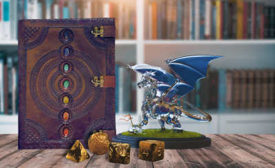 A close up photo of a mystical leather bound book on a table with a glass dragon figurine and 4 dice laying in front of it. There is a bookshelf with golden sunlight shining on it in the background.