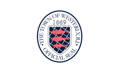town of westerly seal blue text with patterns and red fish