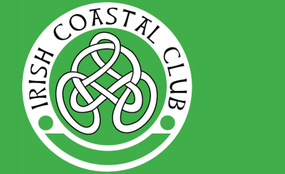Celtic symbol with green background and Irish coastal club text