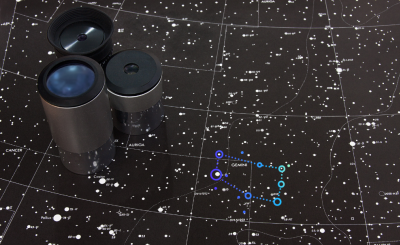 Star chart with three hand-held finder scopes off to the left side.  