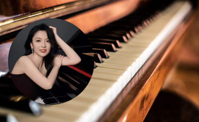 headshot of Chen Wang and piano