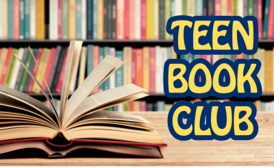 On the left side there is an up-close view of a book open on a table with a wall of books in the background. To the right are the words Teen Book Club. 