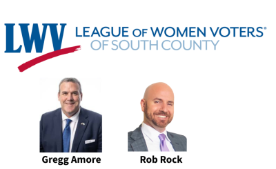League of Women Voters of South County Rhode Island Logo above headshots of Gregg Amore and Rob Rock