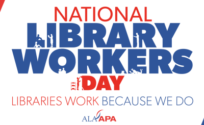ed and blue text reading "National Library Workers Day"