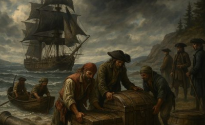 painting depicting pirates with treasure chests and large ship