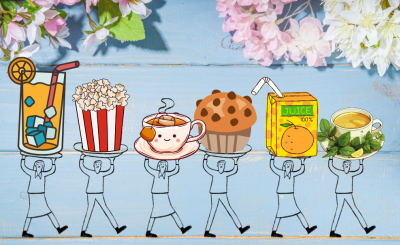 Spring flowers along the top of the image with illustrated people holding a cold drink, hot beverages and snacks on trays above their heads.