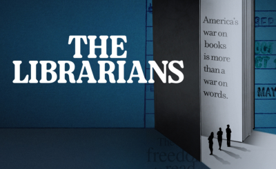 "The Librarians" written in white text over an image of people in shadow looking into an oversized book