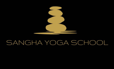 gold text sasying sangha yoga school and gold pillar graphic above