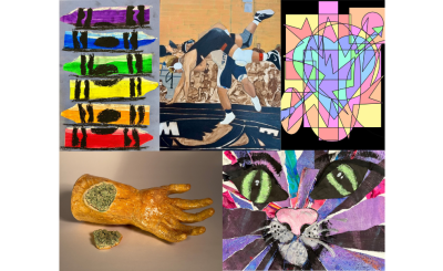 colorful paintings, illustrations and a hand sculpture done by students