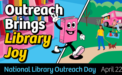 colorful illustration of book waving and bookmobile and woman walking dog with text outreach brings library joy