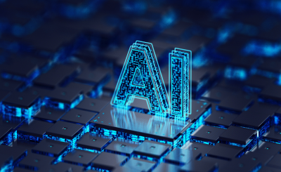 text AI in neon blue light graphics with keys from keyboard